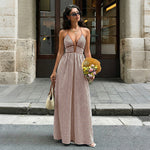 Deep V-neck Striped Maxi Dress - red