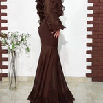 Dark Brown Ruffled Chiffon Blouse & Sheer Mermaid Maxi Skirt 2-Piece Set