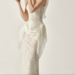 Cream Floral Lace Strapless Sweetheart Corset-Boned Detachable Asymmetric Ruffle-Overlay Midi Dress