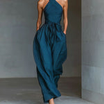 Linen Cross-Strap Wide-Leg Jumpsuit - blue