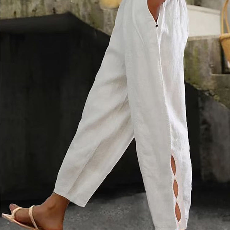 Button-Adorned Bottom Hem Pants - white