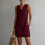 Draped Neck Sleeveless Vacation Mini Dress - maroon
