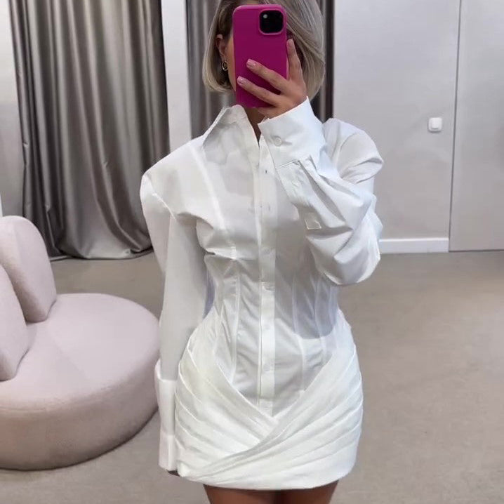 White Pleated Long Sleeve Mini Shirt Dress