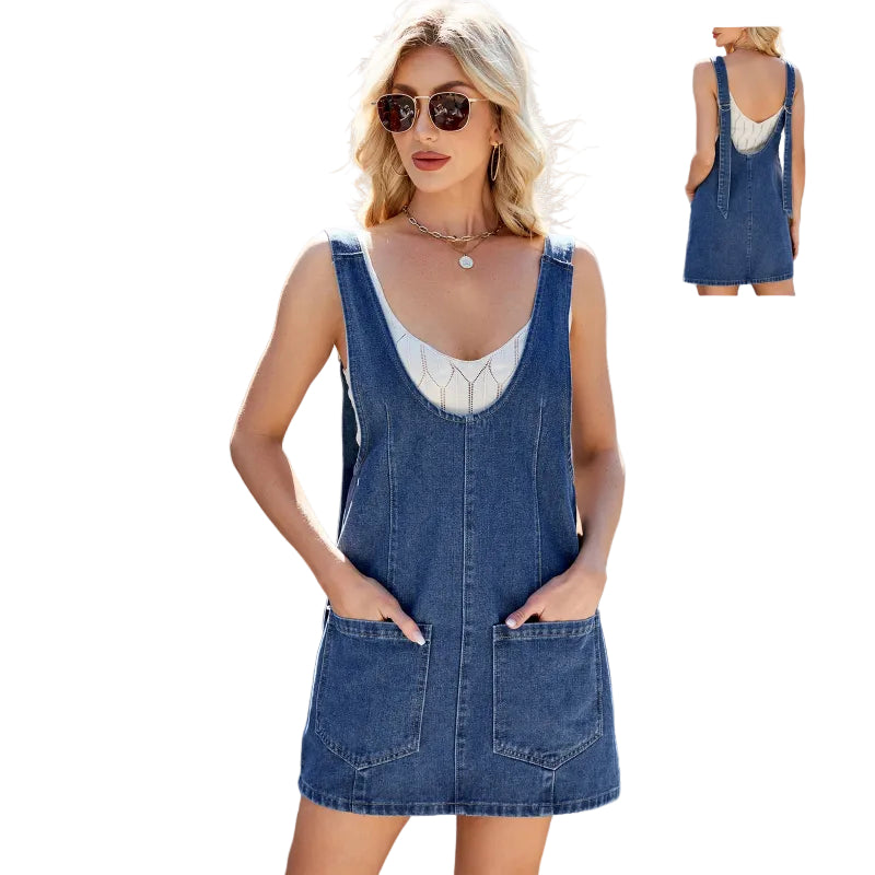 Blue Denim Pinafore Mini Dress with Pockets