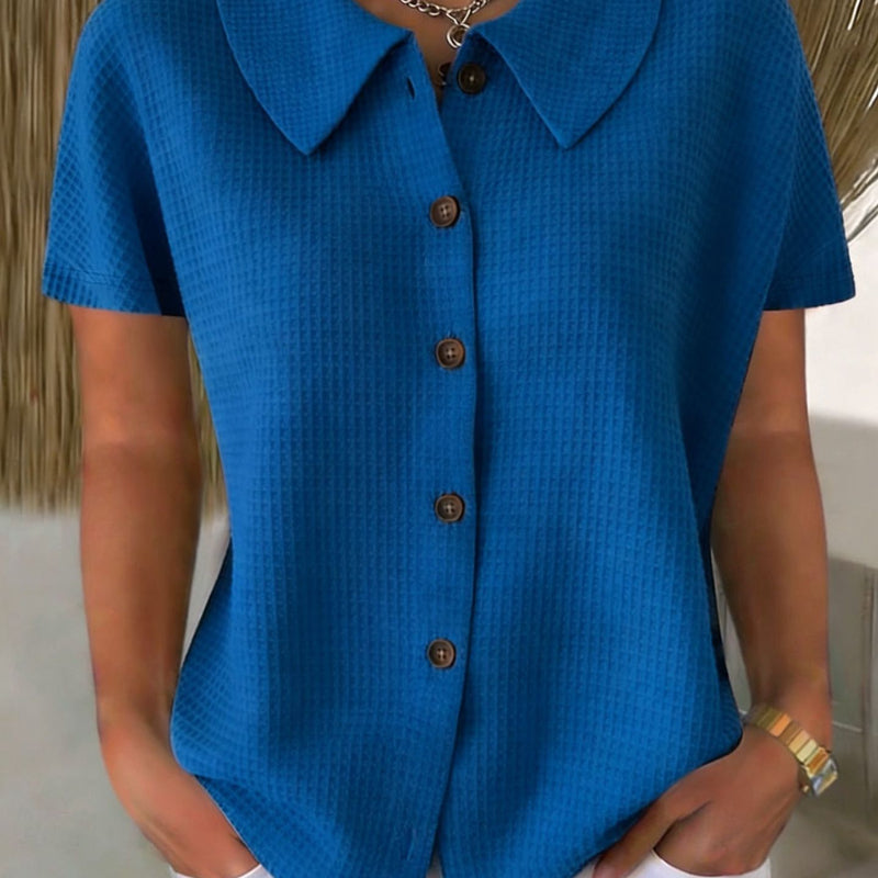Turn-Down Casual Loose Fit Short Sleeve Shirt - blue