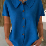 Turn-Down Casual Loose Fit Short Sleeve Shirt - blue