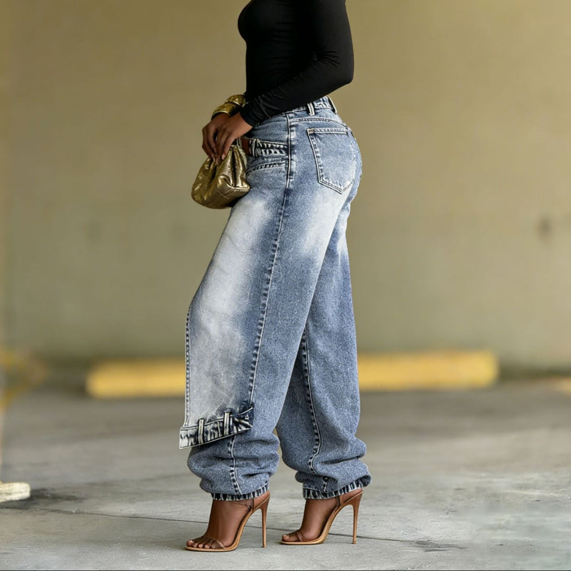 Deconstructed Layered Washed Denim Jeans