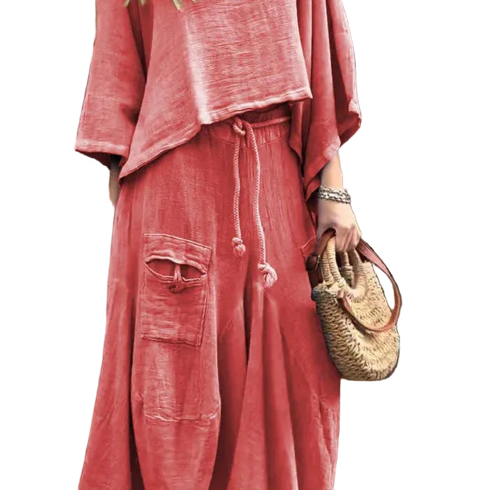 Relaxed Asymmetric Top and Maxi Skirt Set - red