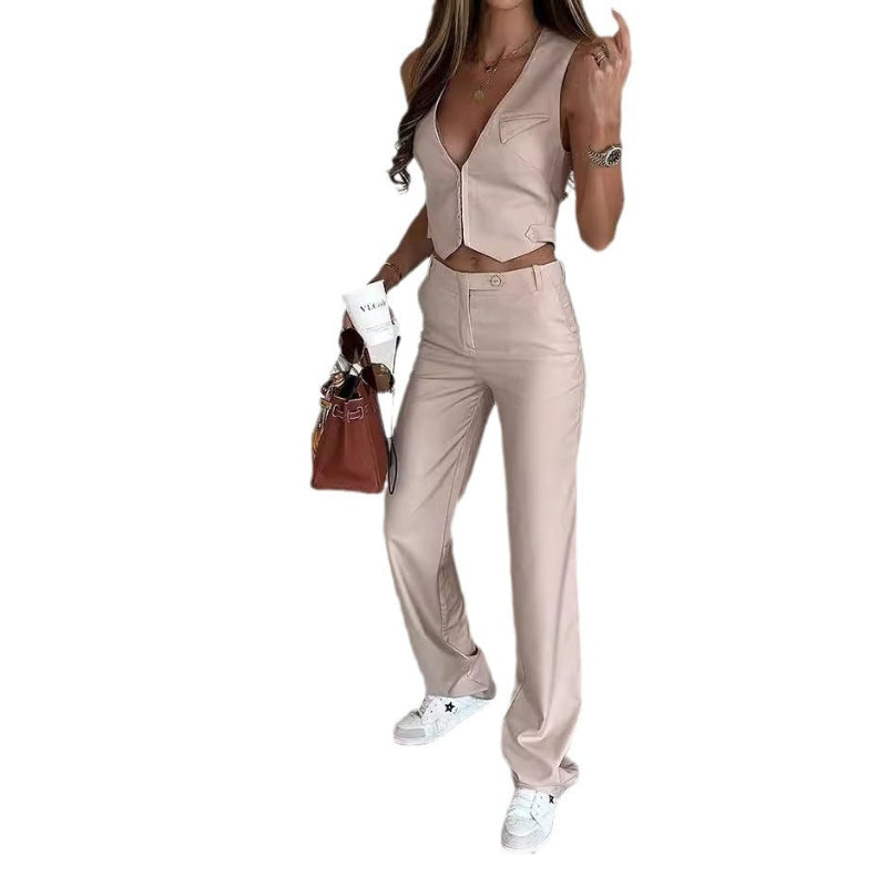 Cropped Deep V Tailored Vest & High-Waist Wide-Leg Trouser Set