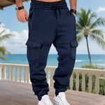 Fleece-lined Multi-pocket Cargo Pants - navy blue