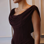 Brown Swoosh Collar Sleeveless Maxi Dress