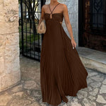 Pleated Sleeveless Sling Maxi Dress - brown