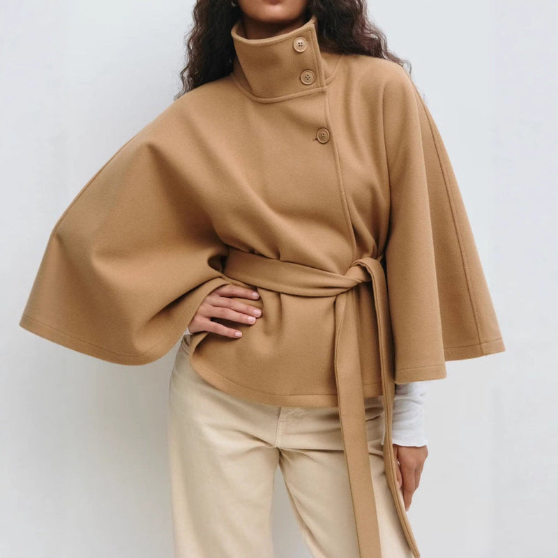 High Neck Batwing Sleeve Coat With Belt - brown