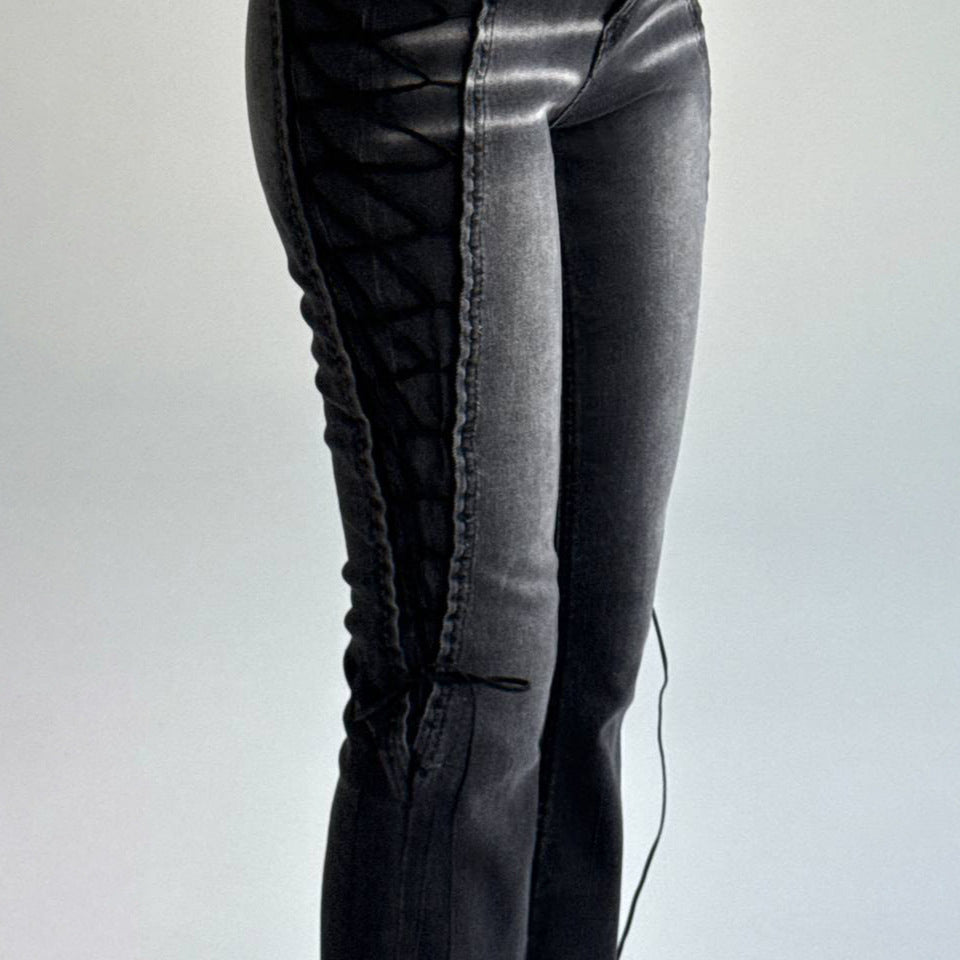 Washed Distressed Side Lace-Up Flare Jeans