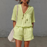 Short-sleeve Shirt Loose Shorts Set - green