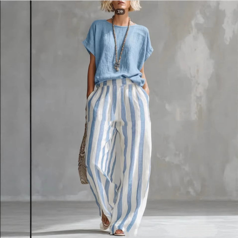 Round Neck Pullover T-Shirt And Striped Print Straight Leg Pants - blur