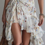 Floral Print Asymmetric Ruffle Midi Dress