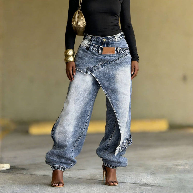 Deconstructed Layered Washed Denim Jeans