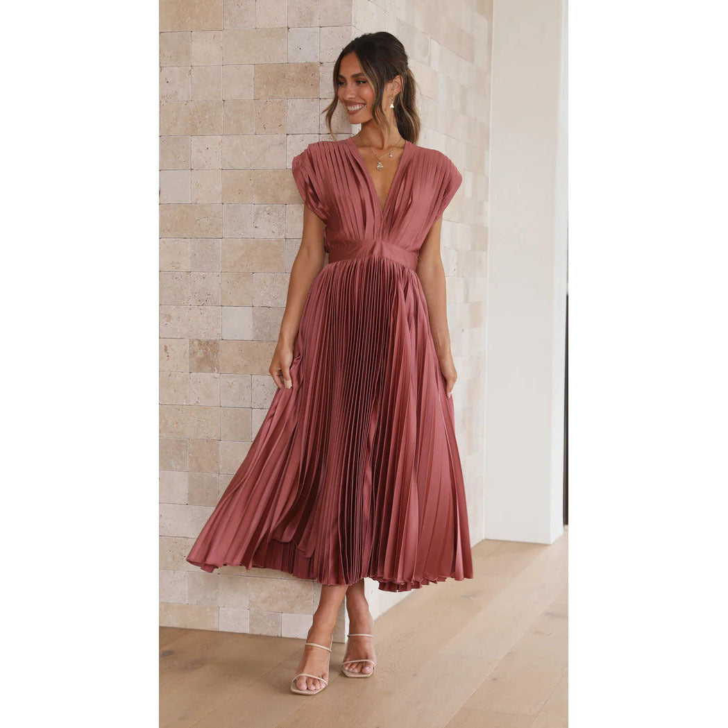 V-neck Pleated Midi Dress