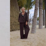 Chic Ladies Linen Hooded Casual Suit - Brown