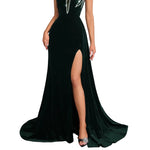Crystal Starburst Halter Velvet Mermaid Gown with High Slit