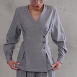 Light Grey V-Neck Asymmetrical Button Top & Wide-Leg Pants Set - grey