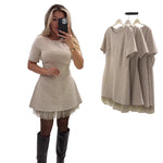 Embellished Short Sleeve Mesh-Hem Mini Dress - off white