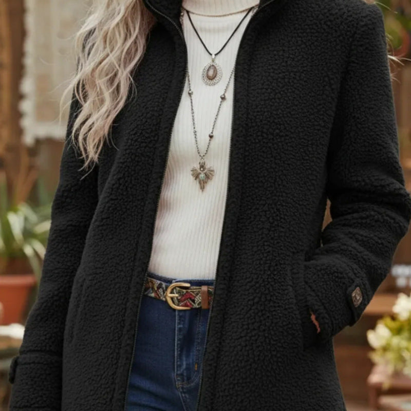 Stand Collar Zip-Up Fleece Jacket - black