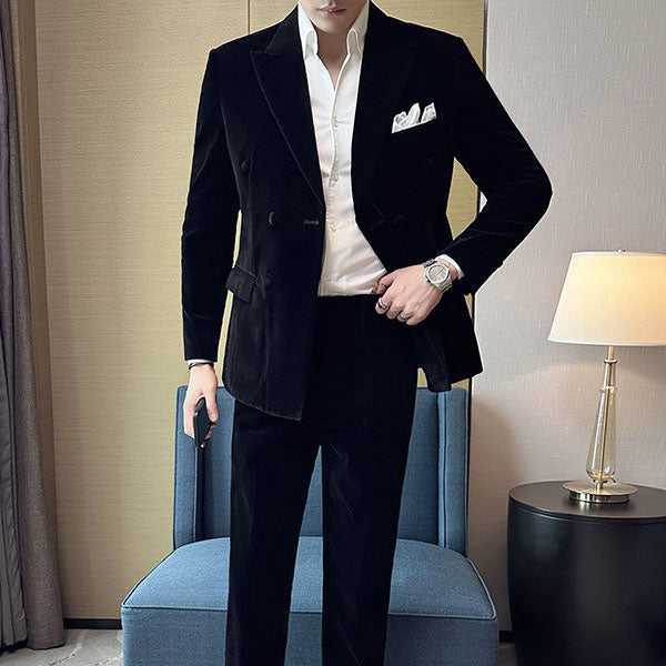 Peak Lapel Double-breasted Velvet Two-piece Suit - black