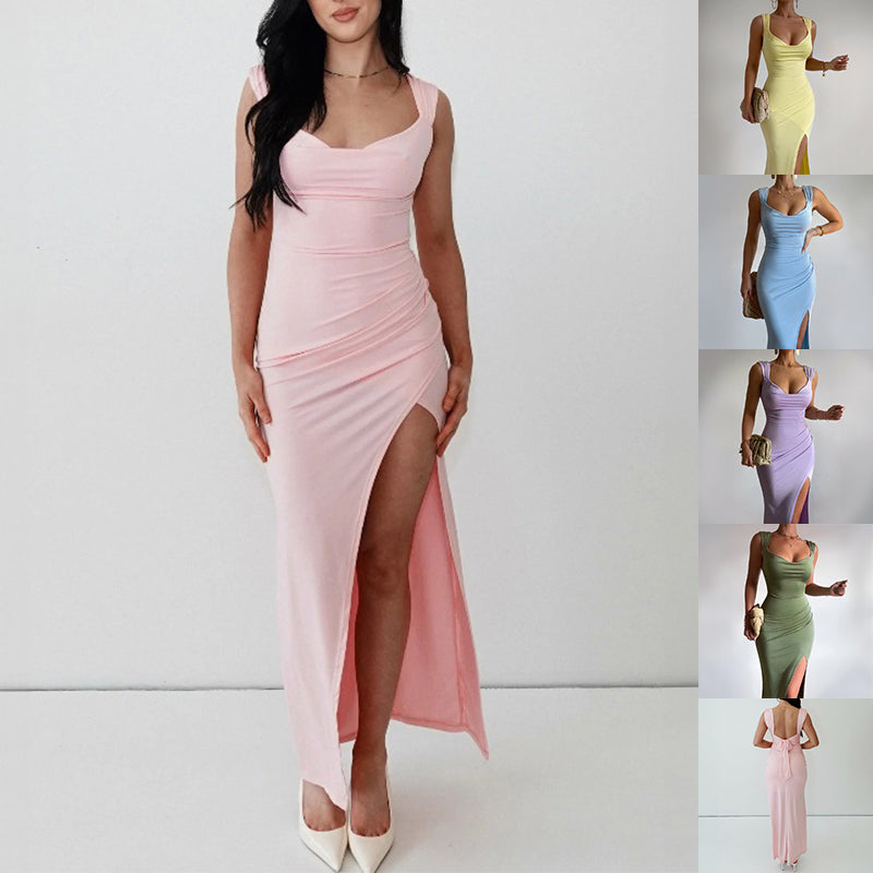 Slim Sleeveless Slit Maxi Dress With Back Tie Design - Pink