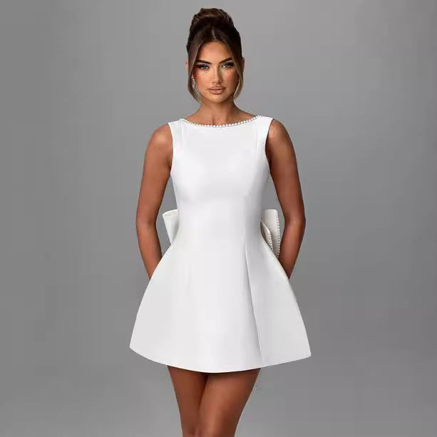 Big-Bowed Pearls Backless Mini Dress