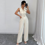 Tailored Notch-Lapel Button-Front Patch-Pocket Belted Wide-Leg Sleeveless Jumpsuit - beige