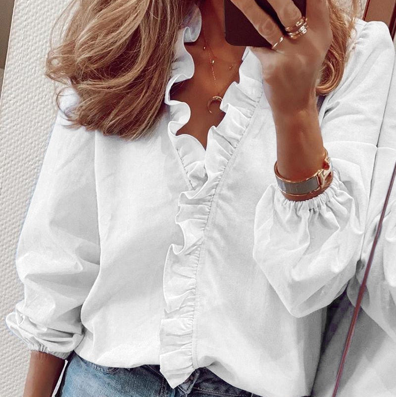 Elegant Long Sleeved Ruffled Lantern Blouse