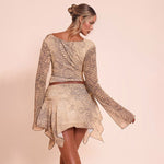 Snake Print Long Sleeve Top & Asymmetric Mini Skirt Set