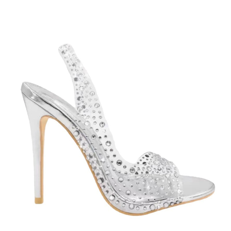 Embellished Clear Strap Metallic Stiletto Sandals - silver