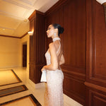 Champagne High-Neck Halter All-Over Crystal Bead & Sequin Embellished Backless Slim-Column Evening Gown