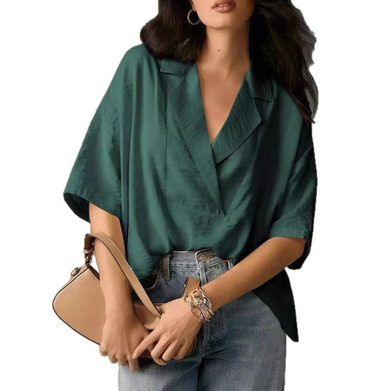 Casual Loose Short Sleeve Lapel Tops - green