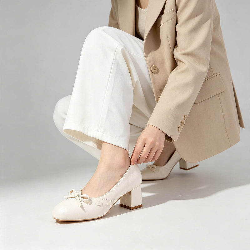 Gentle Satin Bow Block Heel Pumps - white