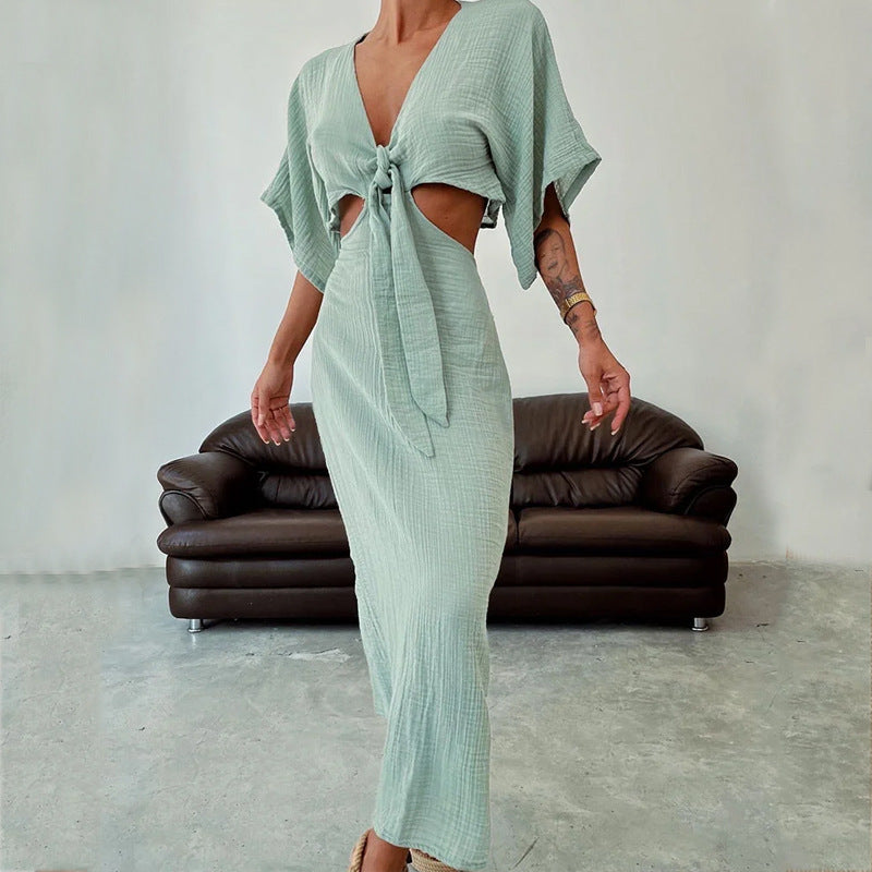 Slim Fit Midriff Outfit V-neck Maxi Dress - light greeen