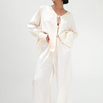 Cream Satin Tie-Front Top And Wide-Leg Pants Set