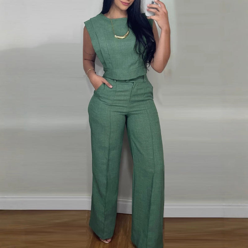 Round Neck Vest Top And Pocket Straight Pants Set - green