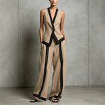 Contrast Trim Vest & Wide Leg Pants Set - khaki