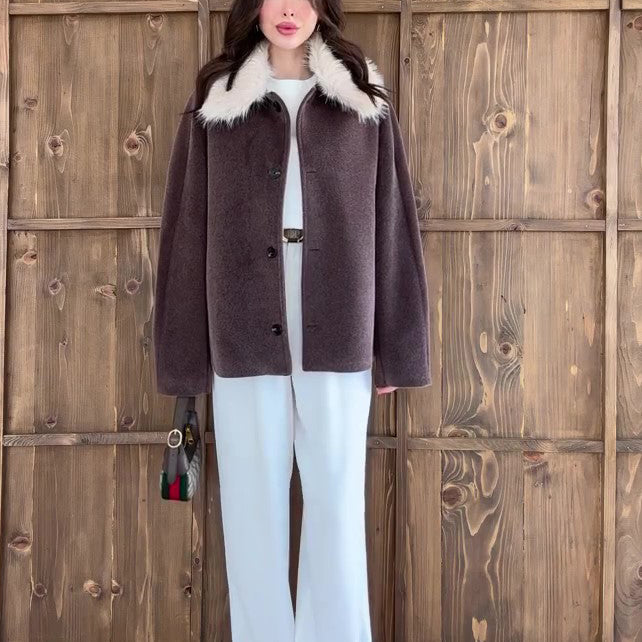 Brown Oversized Coat With White Faux Fur Collar