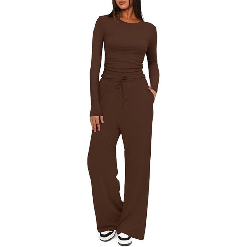 2 Pieces Long Sleeve Tops High Waisted Wide Leg Pants - brown