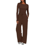 2 Pieces Long Sleeve Tops High Waisted Wide Leg Pants - brown