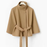 High Neck Batwing Sleeve Coat With Belt - brown