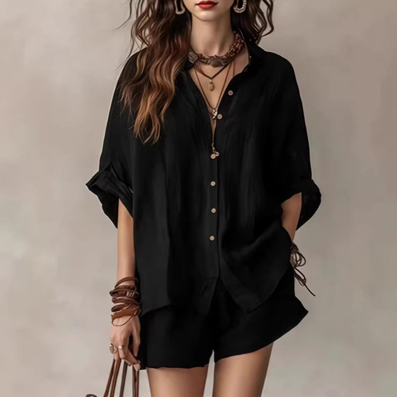 Single-Breasted Short-Sleeved Shirt Wide-Leg Shorts - black