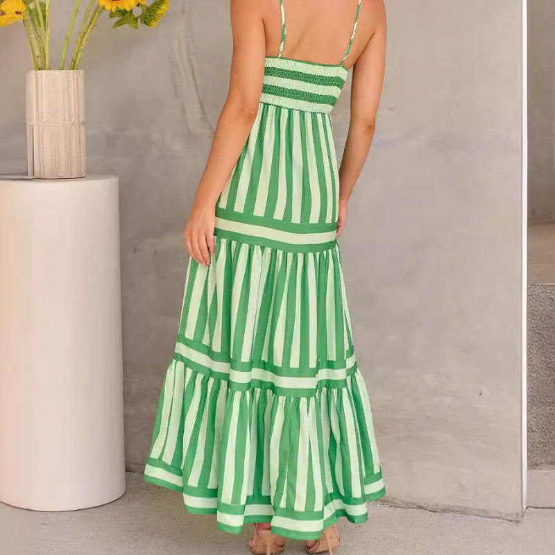 Striped Printed Suspender Long Midi Dress - green