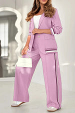 2 Pcs Set Long Sleeves Jacket Wide Leg High Waist Trousers Outfit - lavender