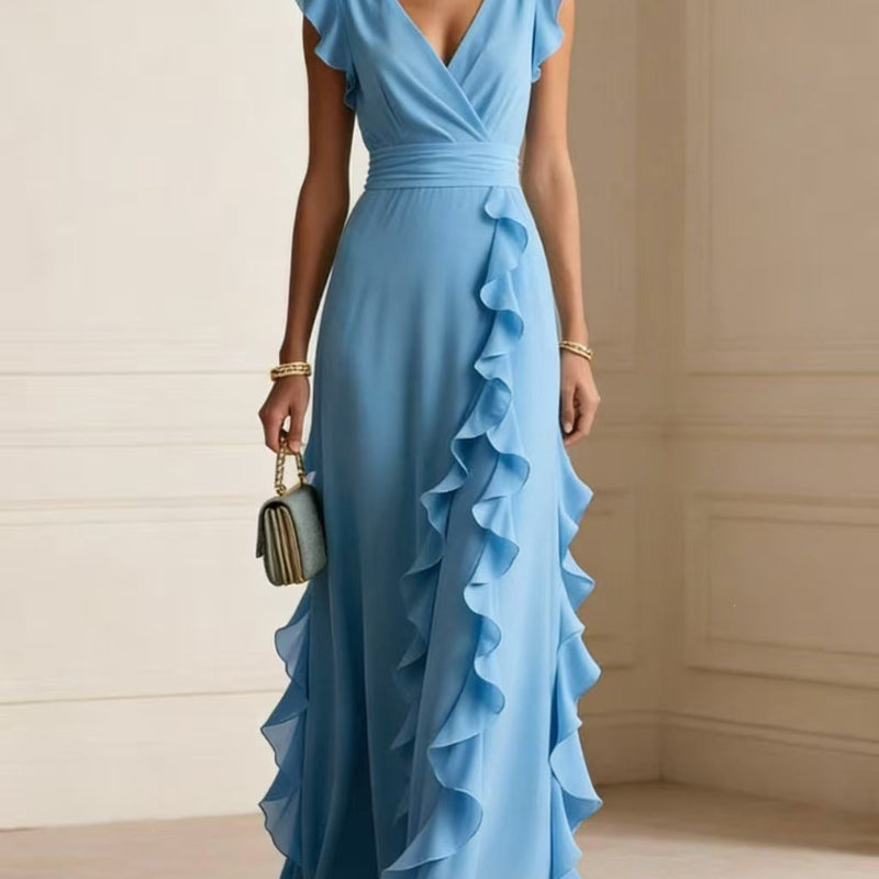 V-Neck Ruffle Maxi Dress - blue